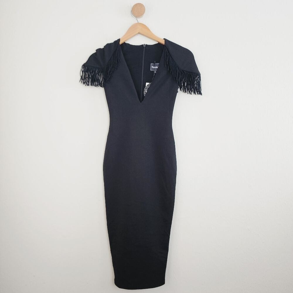 Nookie Revolve Mendez Black Fringe V Neck Midi Bodycon Scuba Crepe Dress New XS
